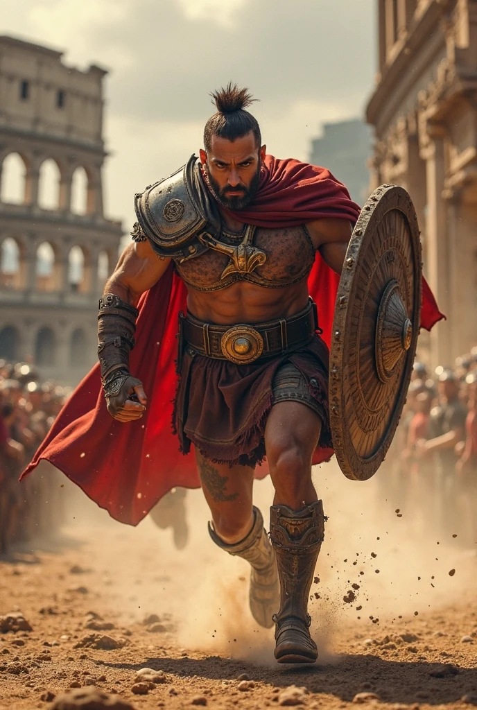 A Roman gladiator with a muscular body, wearing a bronze helmet, a leather chest plate, and a metal skirt. He is holding a sword and a shield, ready to fight in the arena. The background is a Christian begging not to be slaughtered, The Gladiator is pacing ready for combat, with the old Colosseum in the background.