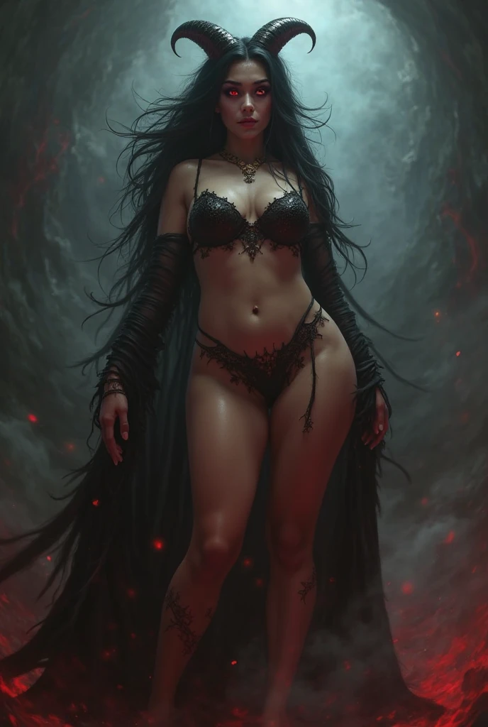 a one woman, she has red skin, antlers, a skirt with 7 ruffles, a black cape with gold details on the back, she is in her underwear and is dancing.
drawing style, mystical style, mysticism 
