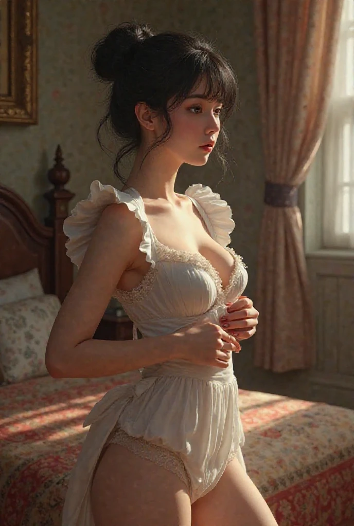 (Masterpiece - Ultra-Detailed, High Resolution) Prepare to be enchanted by a true masterpiece that combines ultra-detailed art with high-resolution rendering. This work shows a mesmerizing woman, with very long, black hair, 1950s style, Marilyn Monroe (1.3) and captivating (brown eyes) (1.2),(brown eyes) New York illustration style, wearing red lipstick, emanating an aura of elegance and mystery. Wearing victorian classic 1950s clothing. sexy. Intricate details and realistic textures invite you to explore every aspect of this enchanting composition. Transparent white dress. reading, writing, lying, standing, on your back, dynamic poses. Get ready to dive into a world where beauty and craftsmanship merge perfectly. Upper body.