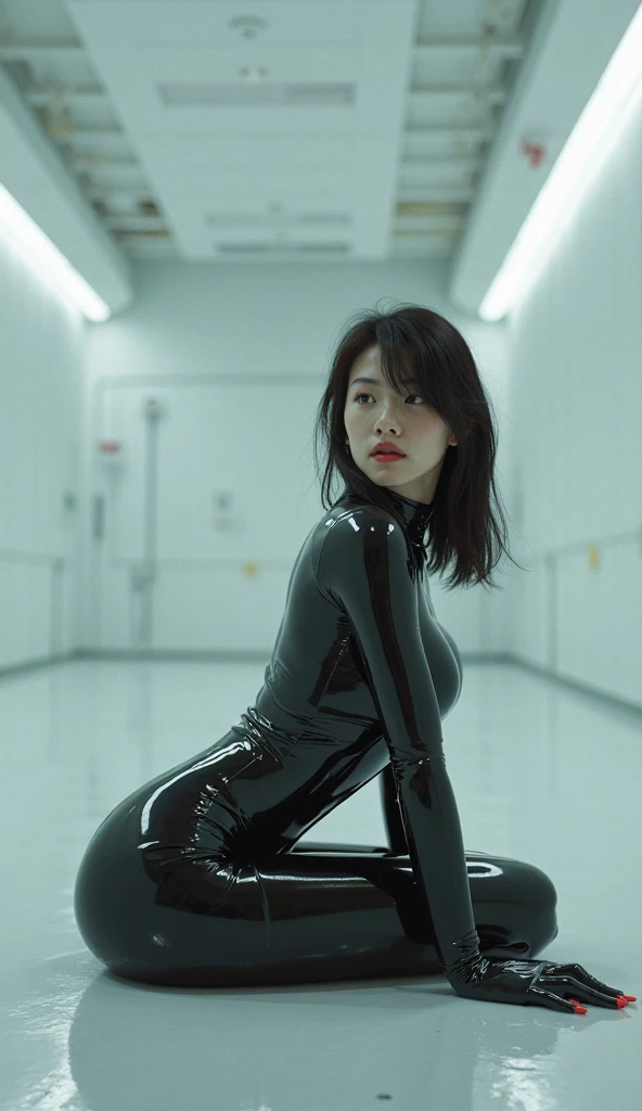 a matte gray suit., Wearing a tight suit, A beautiful Japanese woman wearing a futuristic gray suit, 滑らかなgreyタイトな服のスーツ, greyレオタードを着て, White stitching、Star Wars Imperial Agent, Female Stormtrooper, Full Body Shot, full body, The tight-fitting suit, grey、Black pattern、(The waist design is black leather):1.5、Black Belt、Black full harness:1.5、A beautiful Japanese girl wearing black fingerless leather gloves、Long legs、White boots、Stiletto heels、The suit has large white detailed zippers.、The location is inside an alien spaceship.、（Kneeling、Hands behind head、Crying with mouth open）、