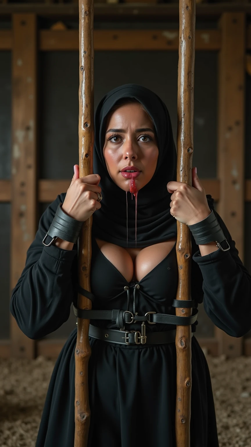 A beautiful white Asian girl wearing a long black hijab without clothes had both her arms hung up With rope And hanged by several old men so that she looked very tormented and Fatigue