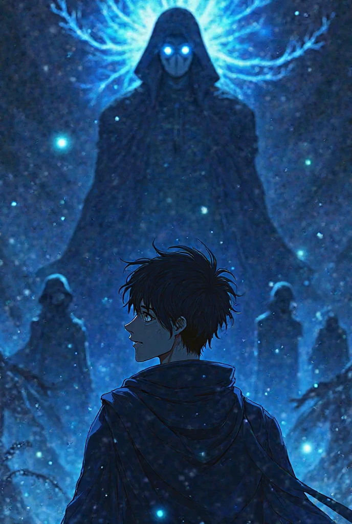 Create for me a young man of the male gender with black hair and white streaks and white eyes without pupils., the young man appears to be a puppet behind him, there are 4 episodes with auras, they are floating and right behind there is an open cocoon, the image is anime
