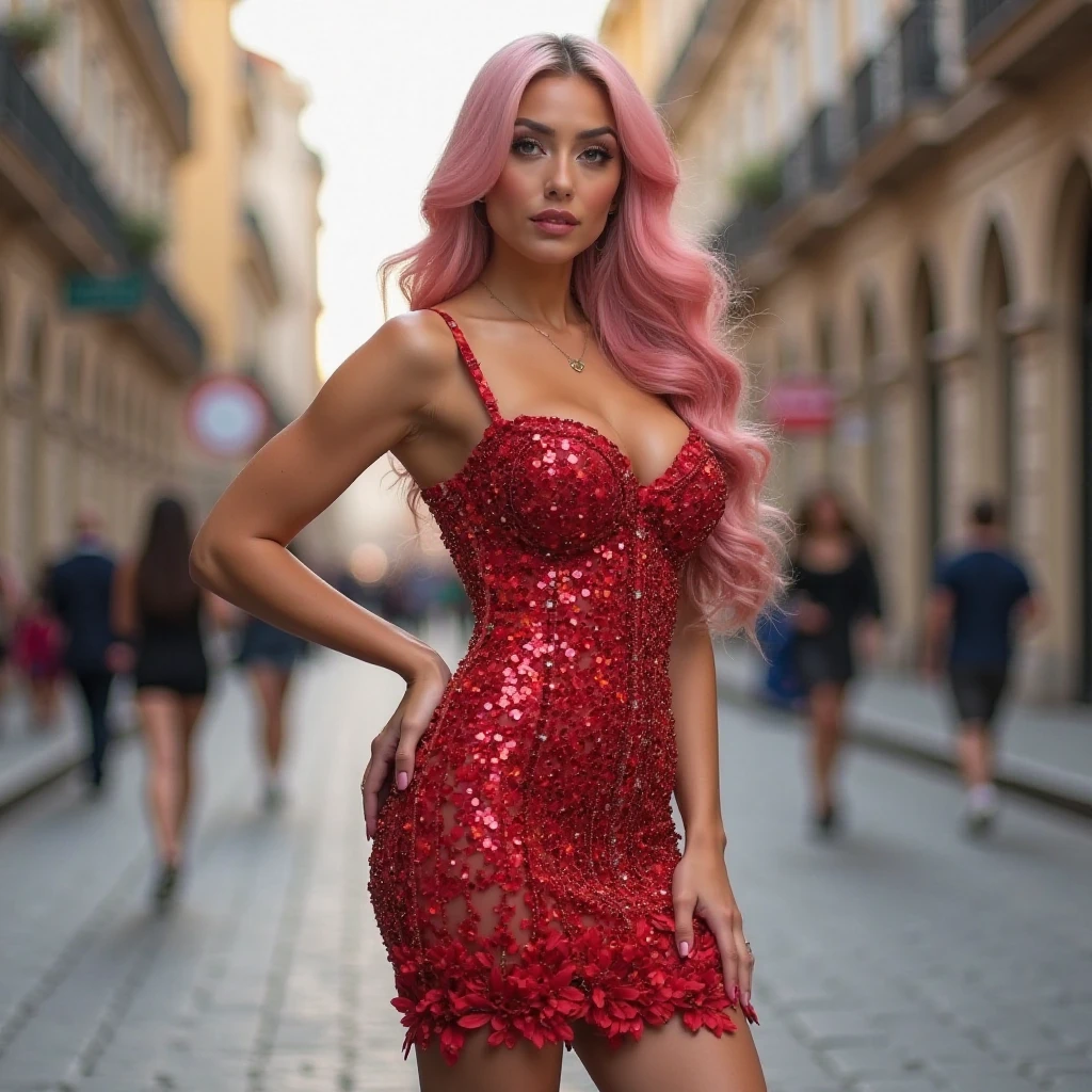 Drag queen con un vestido rojo tipo novia pero con mucho vuelo, y volumen, (full body photo), hiperrealista, ojos perfectos, boca perfecta, nariz perfecta, rostro perfecto