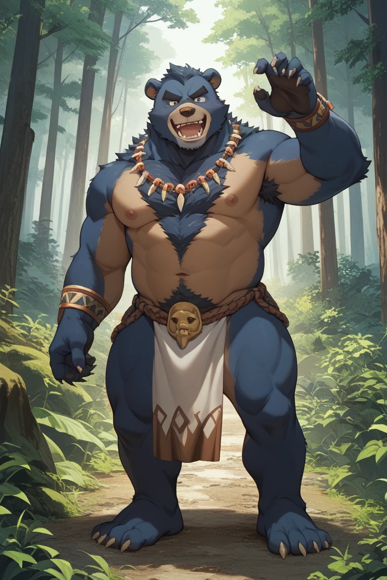 (upload on e621), (((Masterpiece))), (((by Drks))) (best quality), (ultra high res), 4K, (8k HD), 2D, (perfect anatomy), (digital art), (official art), (extreme detailed), (ultra detailed), (strapsanime), (color), soft shading, (sharp focus), (((forest woods background))), (((blue sky background))), (((powered up red electrity aura both arms))), 1boy, (((dark grey body fur))), (((dark grey face and muzzle fur))), (detailed fluffy fur), (ultra detailed face), (detailed eyes), (detailed iris eyes), (detailed red eyes), (white sclera), (black pupils), navel, abs, bare pectoral, (black claw nails), furry wolf male, mature male, (((dark grey giant bulky muscular body fur))), (((hyper muscles))), (((giant size))), canid, (((biggest muscles))), (((huge muscles))), (((huge pecs))), (((huge biceps))), (five fingers), (four toes), canine, canis, mammal, (((powerful demon bear god))), beae male, fierce face, angry expression, snarling, wolf anthro, solo, standing, short hair, (((wearing Egyptian styled rings around his neck))), (((rings on his wrists))), (((rings on his biceps))), (((rings on his legs))), (dark grey long tail)