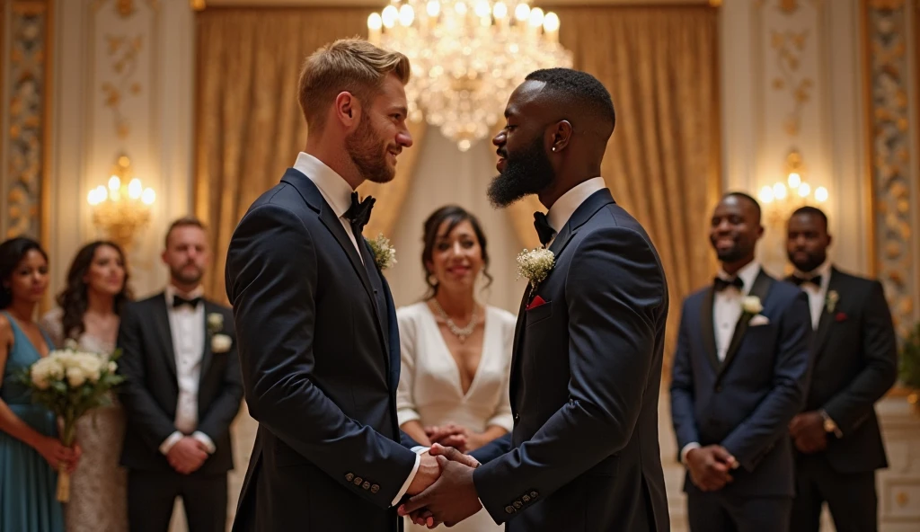 Gay couple getting married, a strong black man and a white man, white background