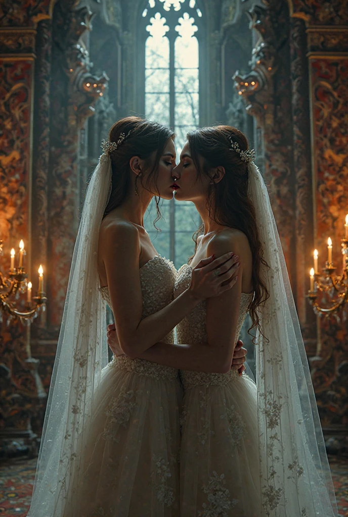 (masterpiece, highest quality, official art, beauty and aesthetic), two stunning bride is deeply in love with each other, kiss, romantic atmosphere