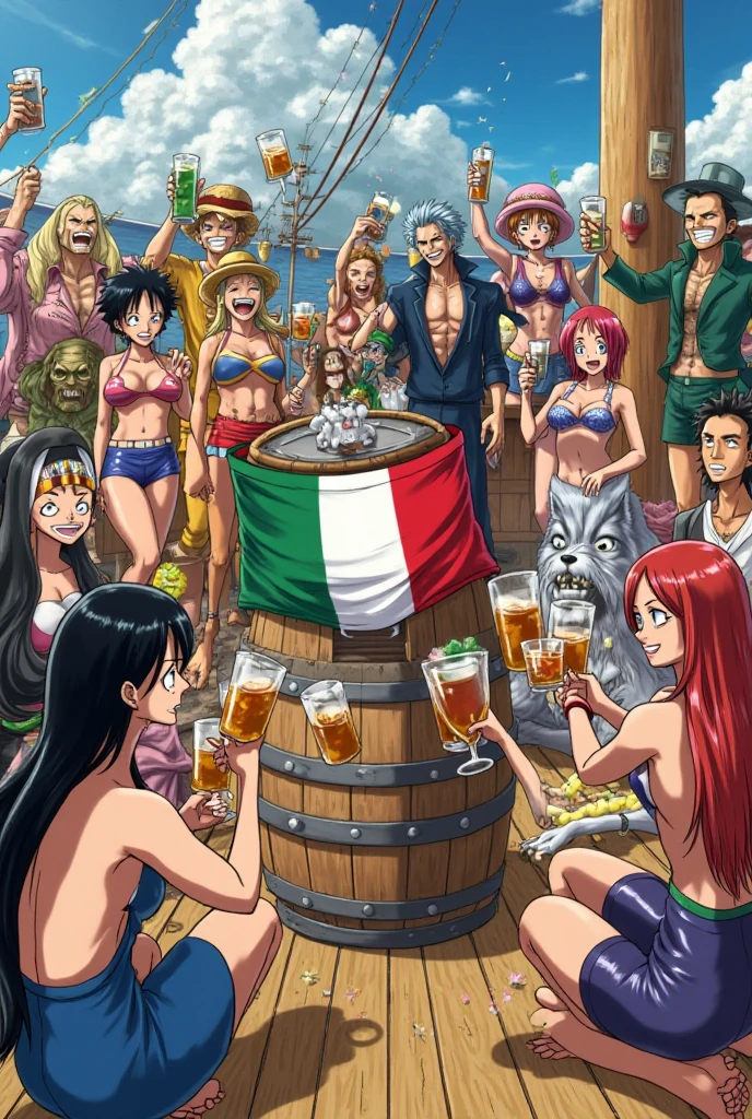 The crew of One Piece are sexy posing wearing only a maid outfit on the deco of their ship, the other pirates cat call the one posing. Sexy maid competition by pirates. anime. comical