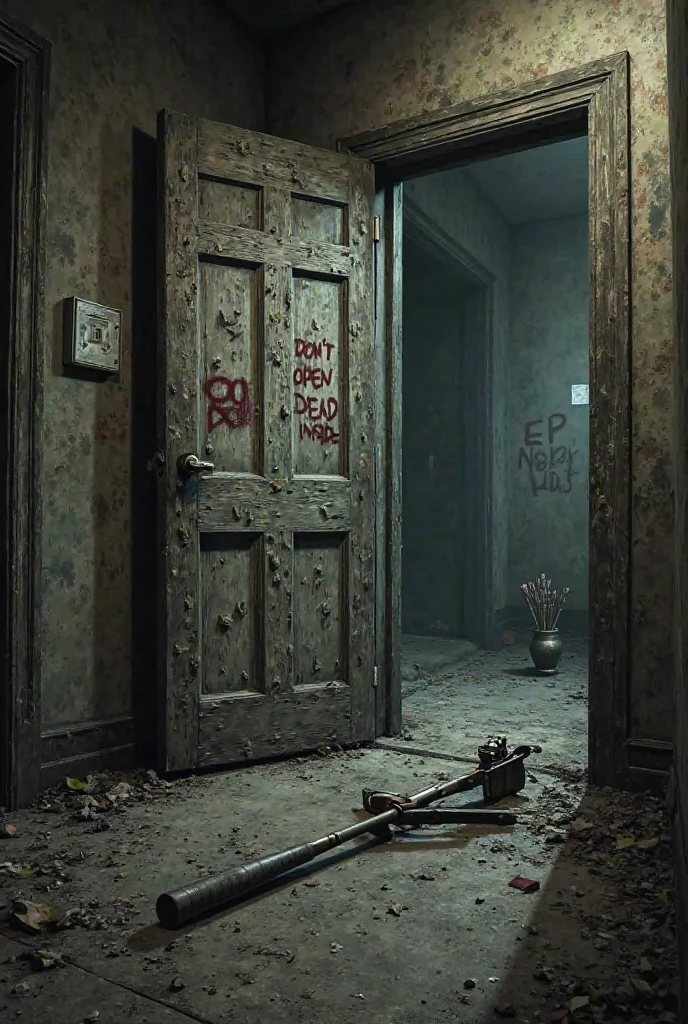 Scene: The Crime ScenePrompt:Illustrate a crime scene in a dark, abandoned building. The area should be dimly lit, with scattered debris and overturned furniture. Include subtle blood spatter on the walls and floor, and a blood-stained weapon or tool lying nearby. The lighting should be eerie, with shadows creating an unsettling atmosphere. The overall feeling should be one of desolation and dread.