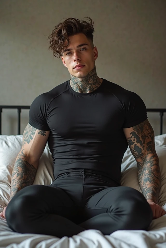 Young male, tight patterned boxer briefs, nice face, topless, skinny body, tattoo, hairy body, socks, sneakers, sitting, cinematic, bully