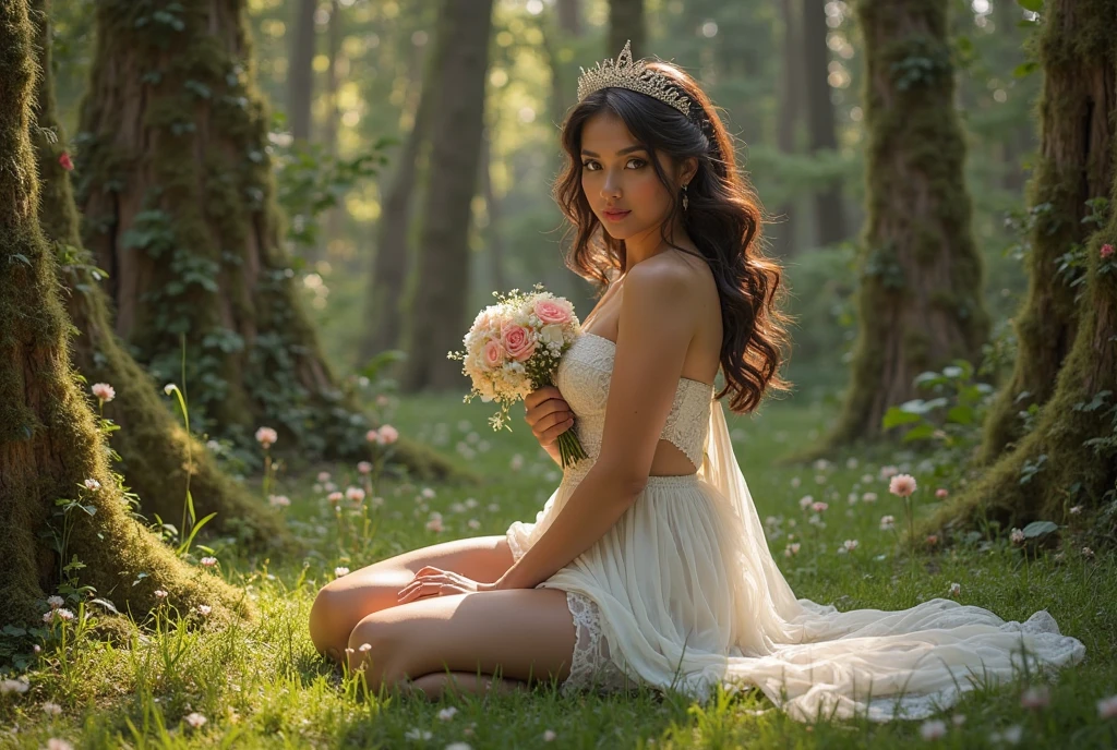 A goddess of love in her small garden, She is surrounded by beautiful flowers, Little angels and fairies accompany her. Su mirada revisa la dulzura, Se viste de forma luminosa y vaporosa. Su cuerpo es esbelto y espectacular. ((pechos grandes)) (cuerpo fitness)