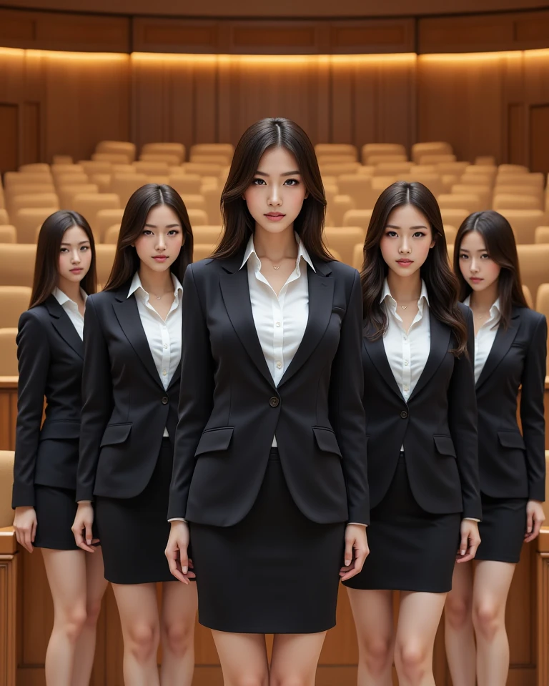 group picture,multiple girls,5girls,looking at viewer ,realistic,shiny skin,(office lady),business suit,cleavage,(beautiful face:1.1),(masterpiece, high quality:1.2) gigantic breasts, motherly, porcelain skin, honey blonde hair, very long hair, wavy hair,mature female,
