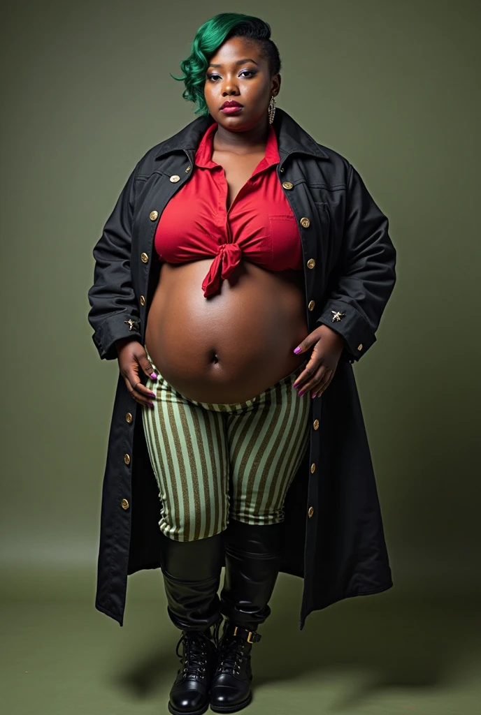 Realistic image of a rustic 5 black woman from the northeast, with a rustic face with expression marks of age and wearing prescription glasses, short black tousled curly hair with gray tones, Prominent nose, full and drooping mouth, with naturally tanned skin and a body with beautiful curves but overweight, mid abdomen, with thick legs, thick thighs, natural and saggy breasts size 60, totally naked, is standing imposingly with a broom in a humble backyard.