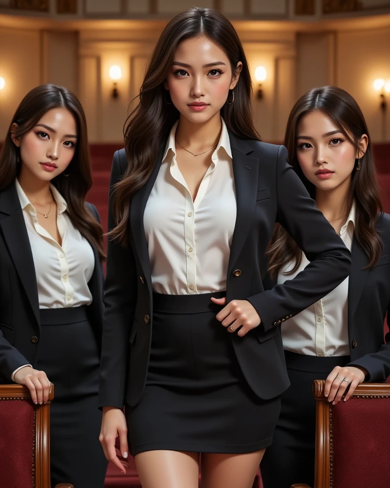 (3 girls), beautiful, Amazing face and eyes, cosmetic, (Extremely delicate beautiful face), (The sexiest look), (beautiful big breasts:1.1), (best quality:1.4), (Ultra Detailed), (Extremely detailed CG unified 8k wallpaper), Very detailed, original photo, Professional photography, ((Business suit)), (tight skirt), (Open collar business shirt), outdoor, ((Night Forest)), (Night Sky), Depth of Field, (View from below),