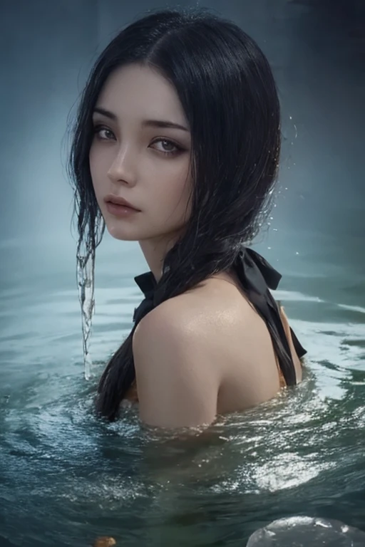 enchanted with long black hair, in the water with the moon illuminating the river, with lights around