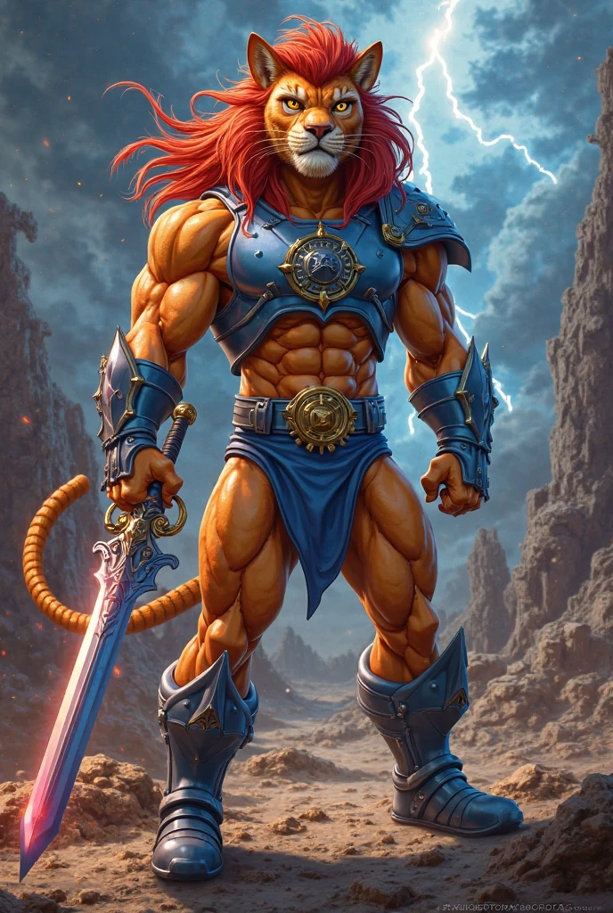 King lion-o, (best quality:1.13), (realistic:1.1), (detailed:1.15),(skin details), Dappled Light, (look at viewer), (skin texture), (realistic texture skin), cinematic light, side lighting, ultra high res, best shadow, lightroom, cinematic, (intricate:1.4), high quality, intricate details, low contrast, detailed, lion-oQuiron character, 1boy with Lion features, red hair, sword, rampage, blue outfit, photo-realistic, octane render, unreal engine, ultra-realistic, super photo-realistic