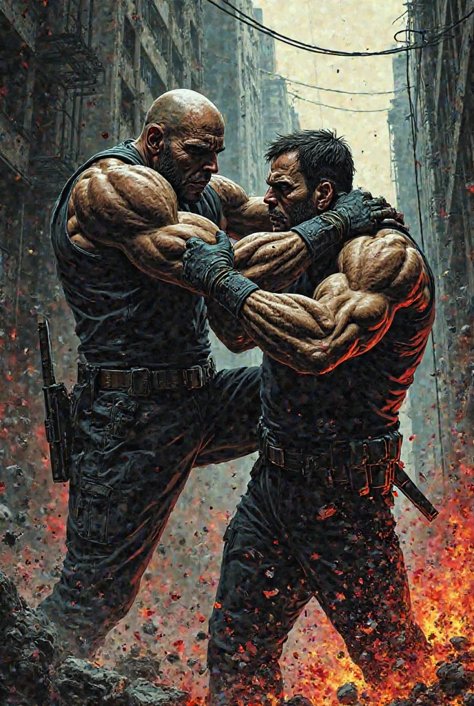 2 men, frank horrigan, Fallout 1, Senator Armstrong, Metal Gear Metal Gear Revengeance, buff, abs, extremely detailed, masterpiece, American flag, shaking hands, wallpaper, city
