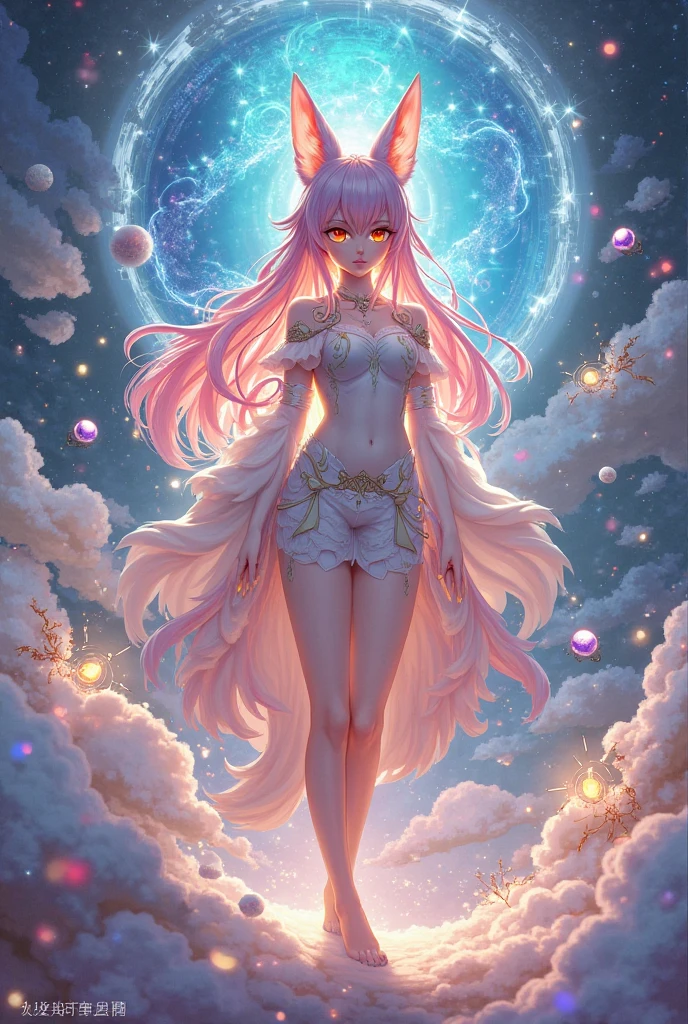 Long Pink hair, glowing pink eyes, sparkling pink bikini, pink jewelry, pink high heels, standing with legs spread wide, both hands reaching dowards viewer, framed by large solar eclipse on the horizon in the background, big smile,