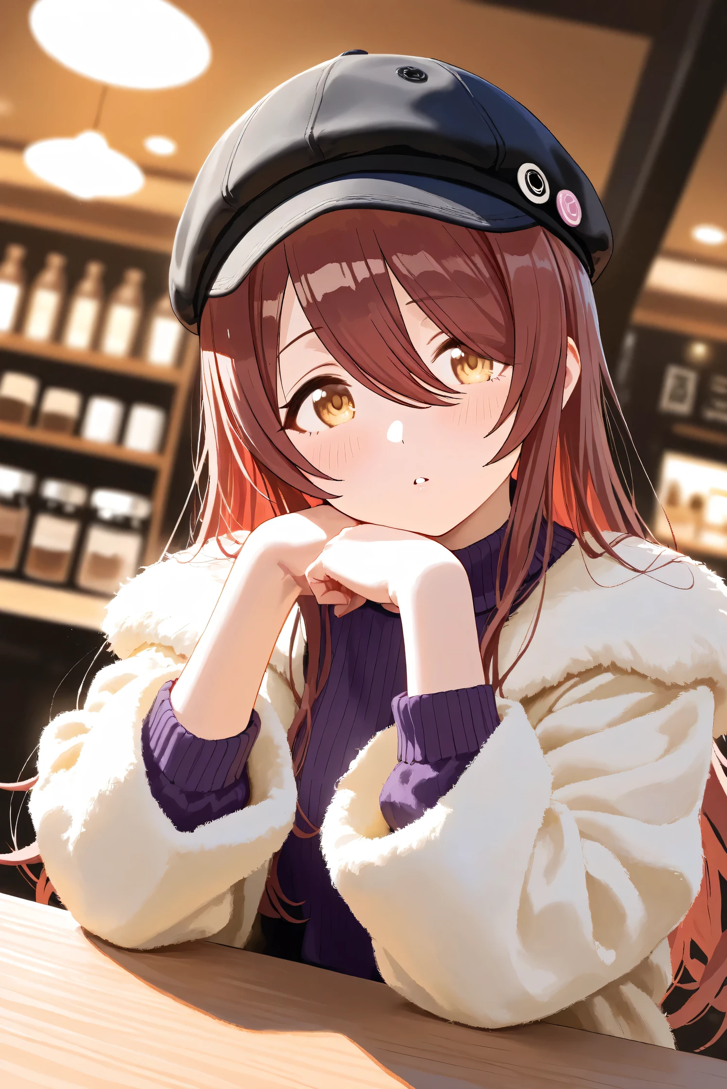 (Masterpiece), (Highest quality), (Very detailed),
(The best shape), (Best Shadow), (Absurd),
(Detailed background), (So beautiful), Shiny ,
Extraordinary, Countershading, 8k, 32K, High resolution, Beautiful eyes in every detail,
Very Detailed CG, UHD,
Score_9, Score_8_up, Score_7_up, Source_anime,
(Pastel painting:1.2), (Watercolor painting:1.2),
(Masterpiece, Detailed:1.2), (Foreshortening:1.2),
Cinematic, Dramatic, (Depth of field:1.4),
(Blurry background:1.4), (Realistic background:1.4),
(Foreshortening:1.3),Dynamic angle, 1 girl,
Indoor, Coffee shop, Antique coffee shop,
Cinematic Light,
Osaki tenka,
The idolmaster shiny colors,
tenkaosaki,
Red hair, Brown hair, Yellow eyes,
(Casual wear:1.3),
Work cap, Black cap,
Fur coat, Khaki coat,
Sweater, Purple sweater, Sweater sleeves,
Portrait, Focus on face,
(Blush:1.3), Parted lips,
Sitting, Head tilt,
Realistic skin, Shiny skin,
