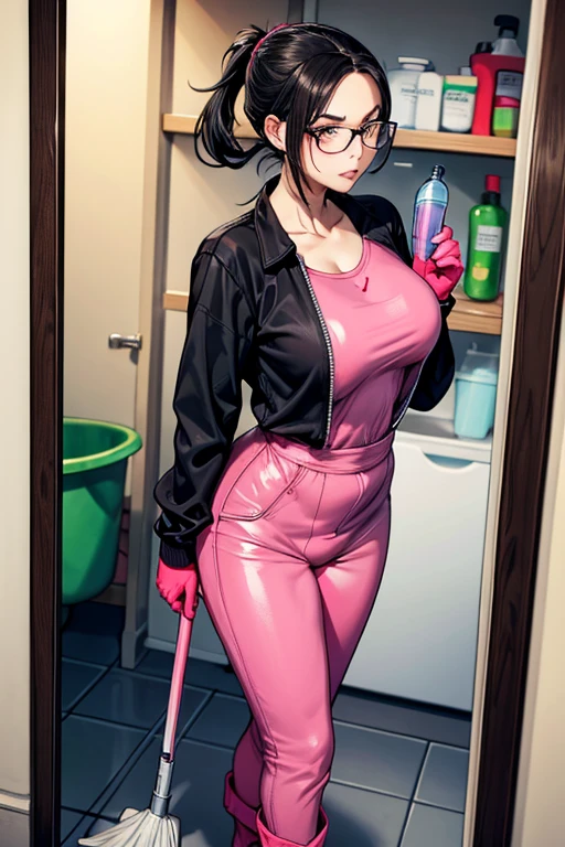 A dark-haired, obese, freckled girl with glasses wearing large pink rubber gloves and a blue long-sleeved jumpsuit Thick eyebrows Dirty toilet