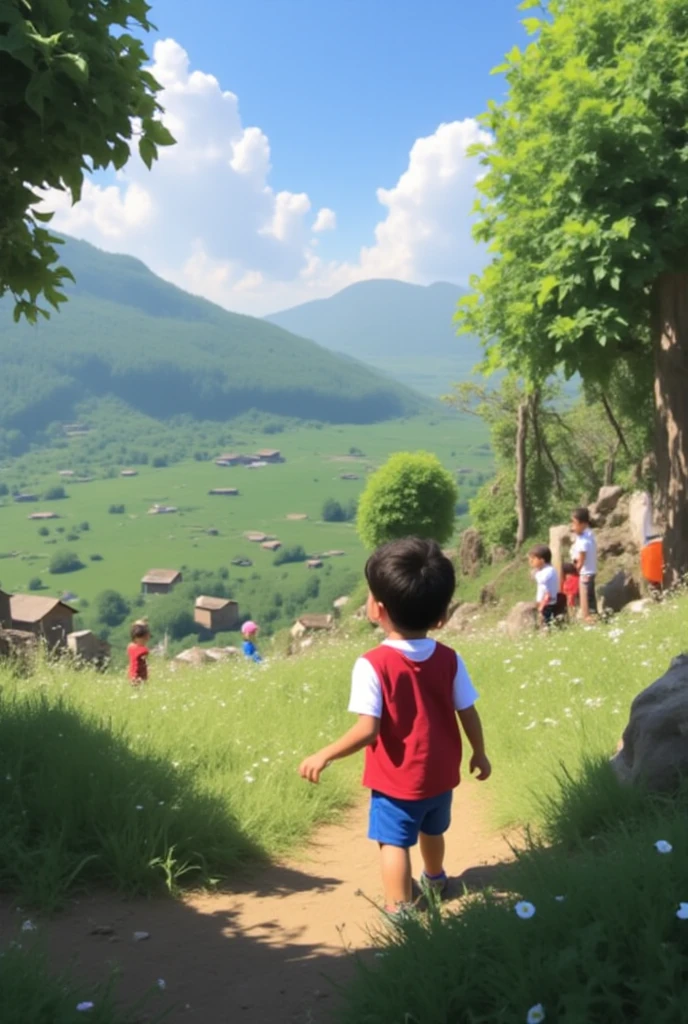 Create a kind of part of the Peruvian mountains with its mountains but that includes houses and a kind of path and if possible add a child with Peruvian features with a bicycle passing by and a school in the background.