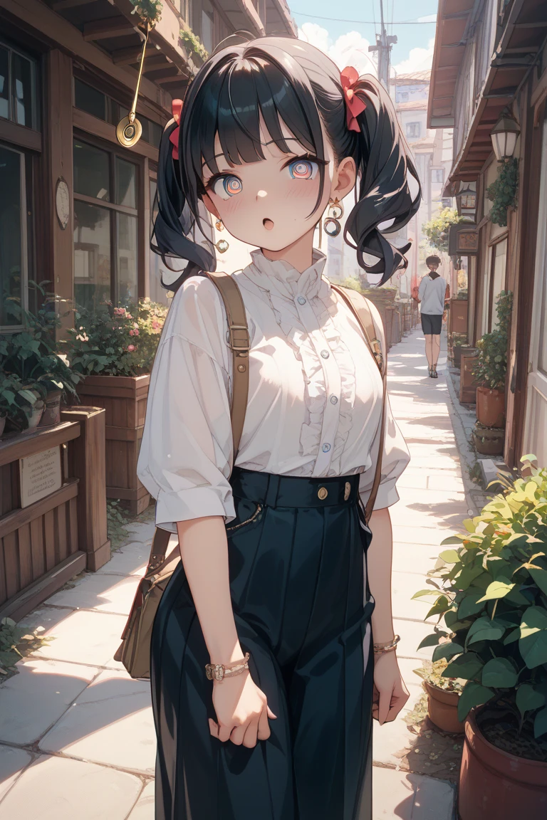 A girl sits on the edge of the playground, Face the lens, An orange cat is next to it, crossed bangs, beret, mole under eye, crystal earrings, light smile, colored eyelashes, Ghibli-like colours, Fujicolor, film grain, collage, masterpiece, retina