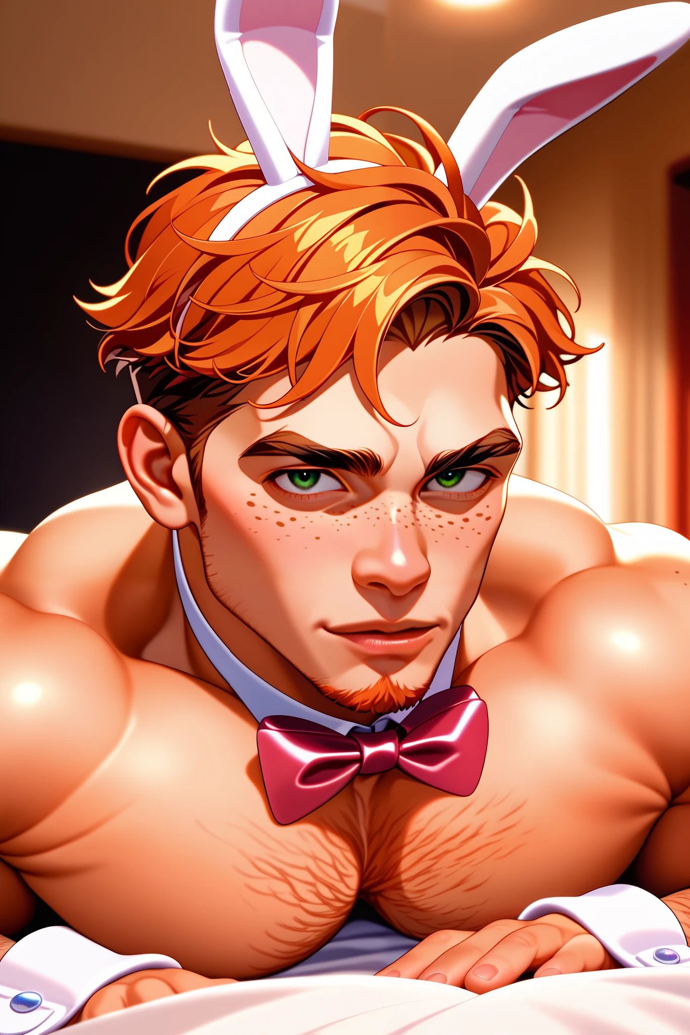 A Muscular masculine hunk, old man, pale skin man, man with very short ginger hair, freckled face man, freckled shoulders man, green eyes, ginger really short stubble beard, man wearing a really tight white leotard bunny suit, man with bunny ear's of the hair color, white collar with a pink bow tie, white cuffs, white sheer nylon thigh highs, only man, only male, bedroom, seductive pose, showing body
