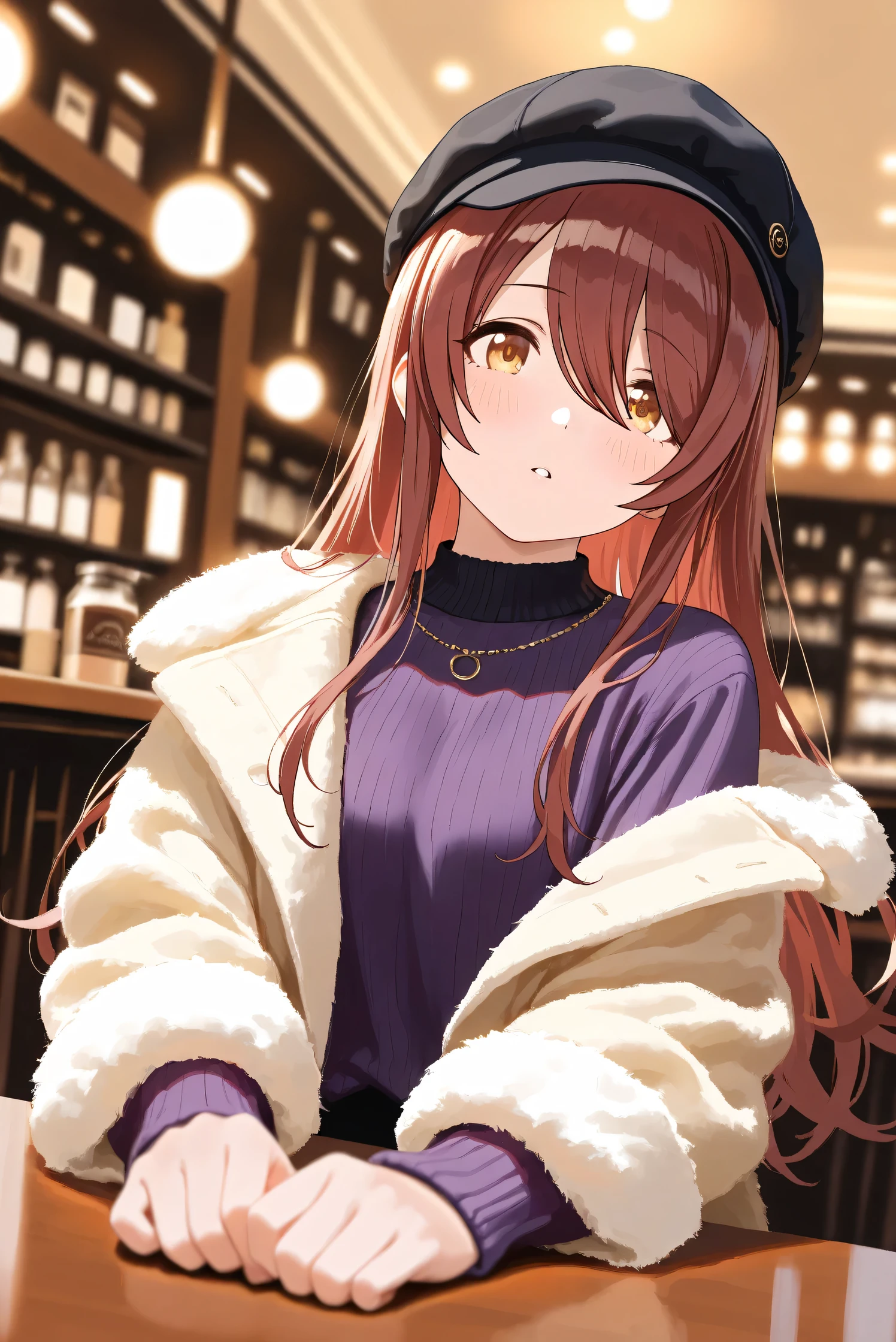 (Masterpiece), (Highest quality), (Very detailed),
(The best shape), (Best Shadow), (Absurd),
(Detailed background), (So beautiful), Shiny ,
Extraordinary, Countershading, 8k, 32K, High resolution, Beautiful eyes in every detail,
Very Detailed CG, UHD,
Score_9, Score_8_up, Score_7_up, Source_anime,
(Pastel painting:1.2), (Watercolor painting:1.2),
(Masterpiece, Detailed:1.2), (Foreshortening:1.2),
Cinematic, Dramatic, (Depth of field:1.4),
(Blurry background:1.4), (Realistic background:1.4),
(Foreshortening:1.3),Dynamic angle, 1 girl,
Indoor, Coffee shop, Antique coffee shop,
Cinematic Light,
Osaki tenka,
The idolmaster shiny colors,
tenkaosaki,
Red hair, Brown hair, Yellow eyes,
(Casual wear:1.3),
Work cap, Black cap,
Fur coat, Khaki coat,
Sweater, Purple sweater, Sweater sleeves,
Portrait, Focus on face,
(Blush:1.3), Parted lips,
Sitting, Head tilt,
Realistic skin, Shiny skin,
