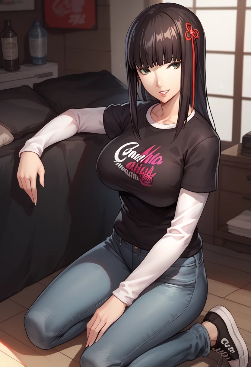 1 female, brown long messy anime hair, huge breast, thick legs, brown eyes, thick eyebrows, black jacket, red t-shirt, jeans, studio room, guitar