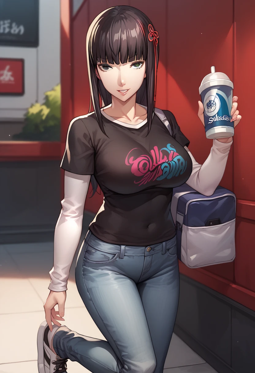 mature woman, mature face, hot face, glossy lips, (black hair, short hair, bowl hair, hime bangs), sunglasses, mature body, big breast, gray tank top, black leather jacket, tight pants, sidewalk, (night)