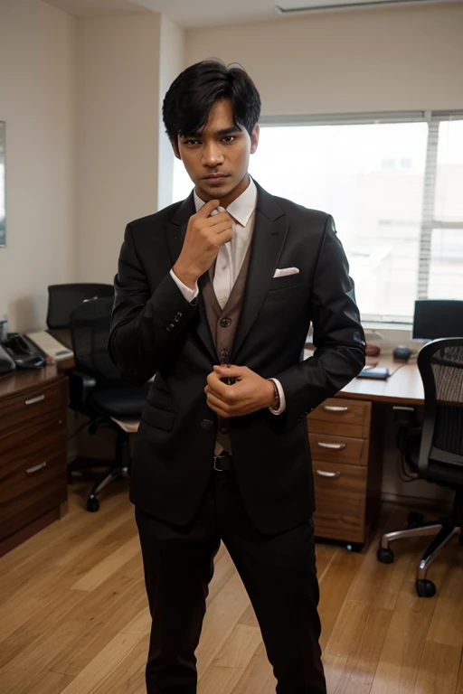 Create a vivid image of a 30-year-old Vietnamese businessman sitting confidently in a modern office. He is sharply dressed in a well-pressed suit and tie, embodying success and sophistication. Set this against a minimalist backdrop of neutral tones and clean lines. The lighting is meticulously arranged using studio lights and professional equipment, with an ISO setting of 800 for capturing fine details. A shallow depth of field is achieved with a DSLR 85mm lens, drawing focus to the man's face. He is portrayed with a slight head tilt and hands firmly on armrests, staring directly and unblinkingly, displaying an aura of authority and control.