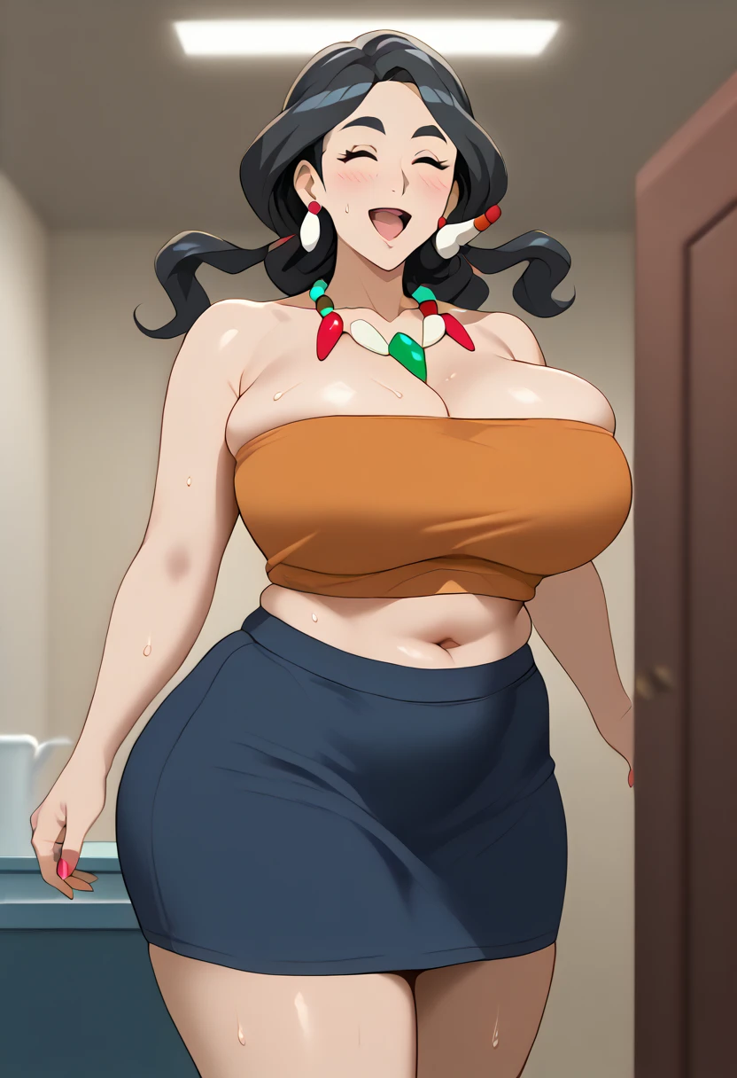 woman sharp features, 1girl, black hair, solo, red eyes, closed mouth, blush, jewelry, white headband, earrings, masterpiece, (huge breasts:1.5), (wide hips:1.5), detailed eyes, makeup, eyeliner, eyelashes, earrings, seductive smile, closed mouth, masterpiece, best quality, 1girl, realistic, 1girl, blush, makeup, glow, cafe background, collarbone, (masterpiece), 1girl, solo, detailed eyes, tall female body, detailed, bright face, dynamic lighting, full body, Full HD, good detail, perfect hands, mature_woman, lighting on face, detailed eyes, adult woman, mature woman, cowboy shot, cowboy shot, curvy pose, upper body, tall female body, bright face, anime, Red apron, anime, overweight, plump belly