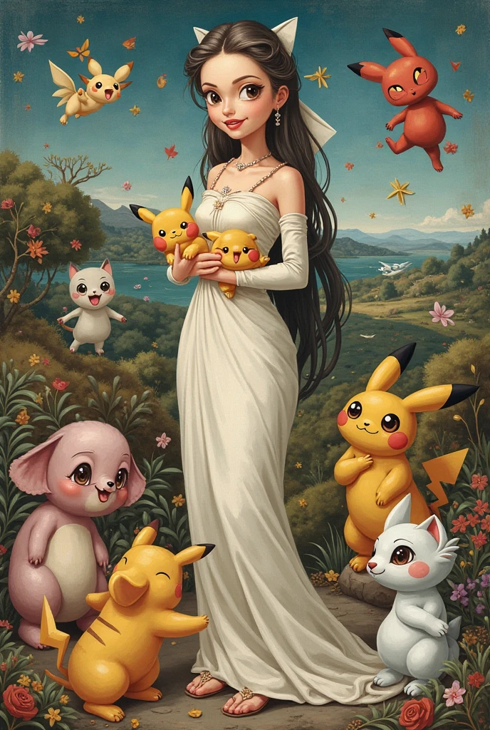 CRIAR UMA ARTE DE ANIVERSÁRIO DE UMA MULHER BRANCA E CABELOS NEGROS, OVERWEIGHT, DO SIGNO DE LEÃO, NA NATUREZA E QUE GOSTA DE POKEMONS COMO SNORLAX BRILHANTE, VOLCARONA BRILHANTE, typhlosion BRILHANTE E BLISSEY, golden hour lighting, highly detailed, cinematic, photorealistic, 4K, HDR, (best quality, 4k, 8k, highres, masterpiece:1.2), ultra-detailed, (realistic, photorealistic, photo-realistic:1.37), beautiful detailed eyes, beautiful detailed lips, extremely detailed eyes and face, long eyelashes, naturalistic, vibrant colors, soft lighting, whimsical, magical realism