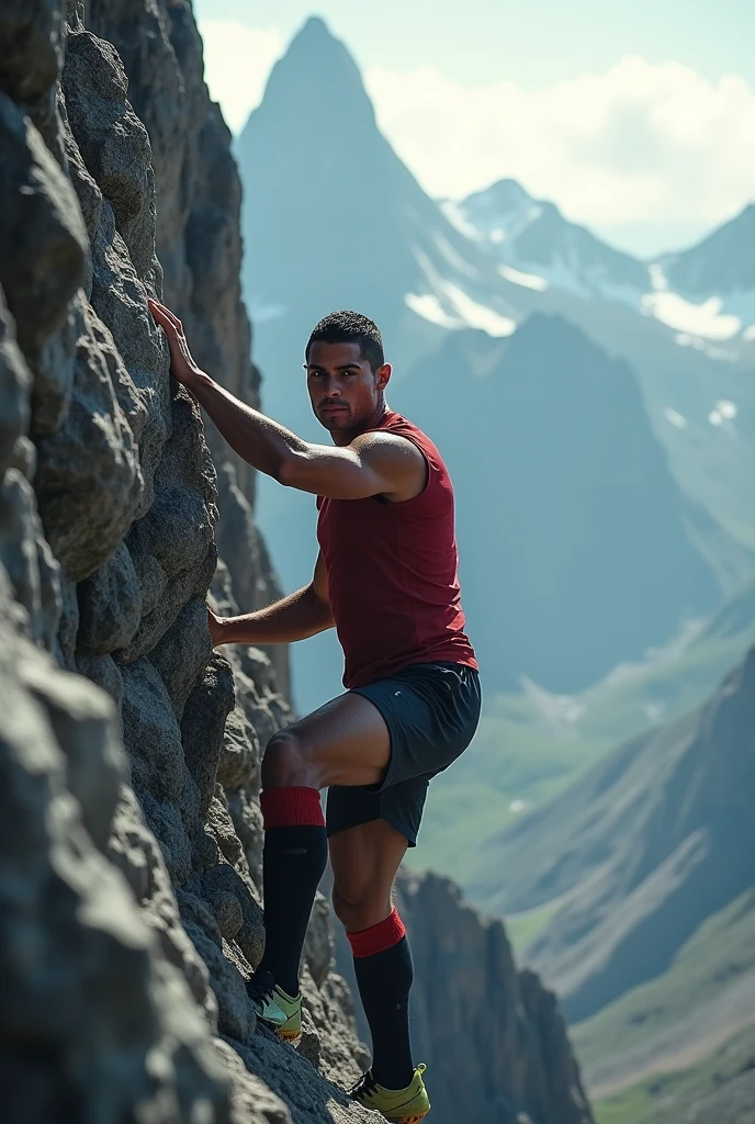 A bodybuilder swinging on a mountain peak in sneakers