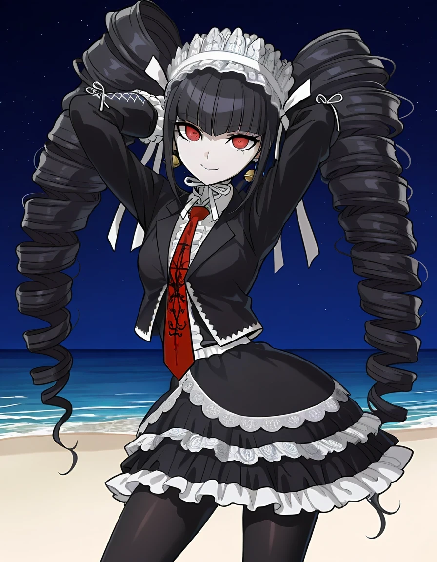 celestia ludenberg, game screencap, masterpiece, Amazing quality,
long hair, twintails, twin drills, drill hair, bangs, black hair, red eyes, skirt, shirt, long sleeves, jewelry,, jacket, pantyhose, earrings, frills, necktie, black skirt, nail polish, black jacket, black pantyhose, red necktie, ta Fashion, gothic lolilayered skirt, bonnet, shiny skin, high quality, Alone, night sky, beach, hands behind head, ((contrasted)), closed mouth, cowboy shot, looking at viewer, smile, best quality