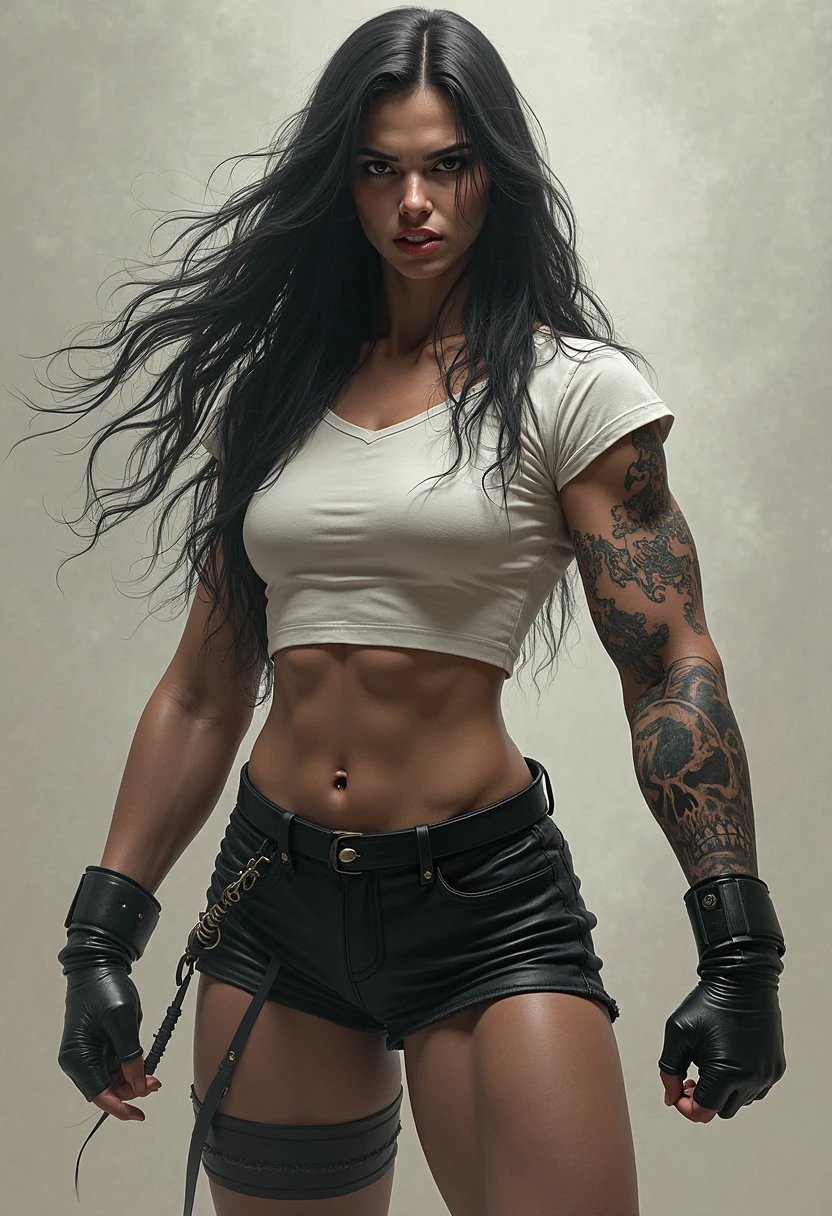 Seductive and confident look. Big arm biceps, visible veins. Folded arms, Long legs. Sweaty Slim teenage european girl. Shiny leather shorts, sneakers, white t-shirt. Motorbike garage. Long purple hair. backlit, smirk, belt, backlit, perfect sultry make-up, cinematic, realistic, high contrast, visually rich,piercing eyes, strong eyeliner, mesmerizing eyes, elegant, graceful, natural beauty, charismatic, versatile, photogenic, very detailed