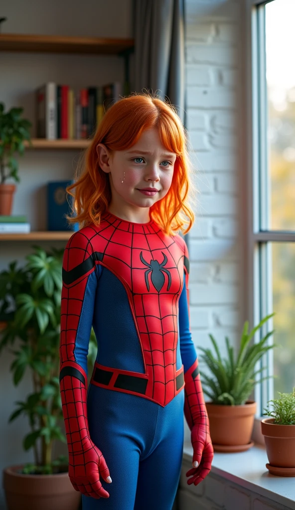 Photorealistic image of a girl of about 3 with red-red hair, who is wearing a blue bodysuit, something like the stewardesses in the movie "The Fifth Element", full length, in the background there is something rusty, metallic and dirty