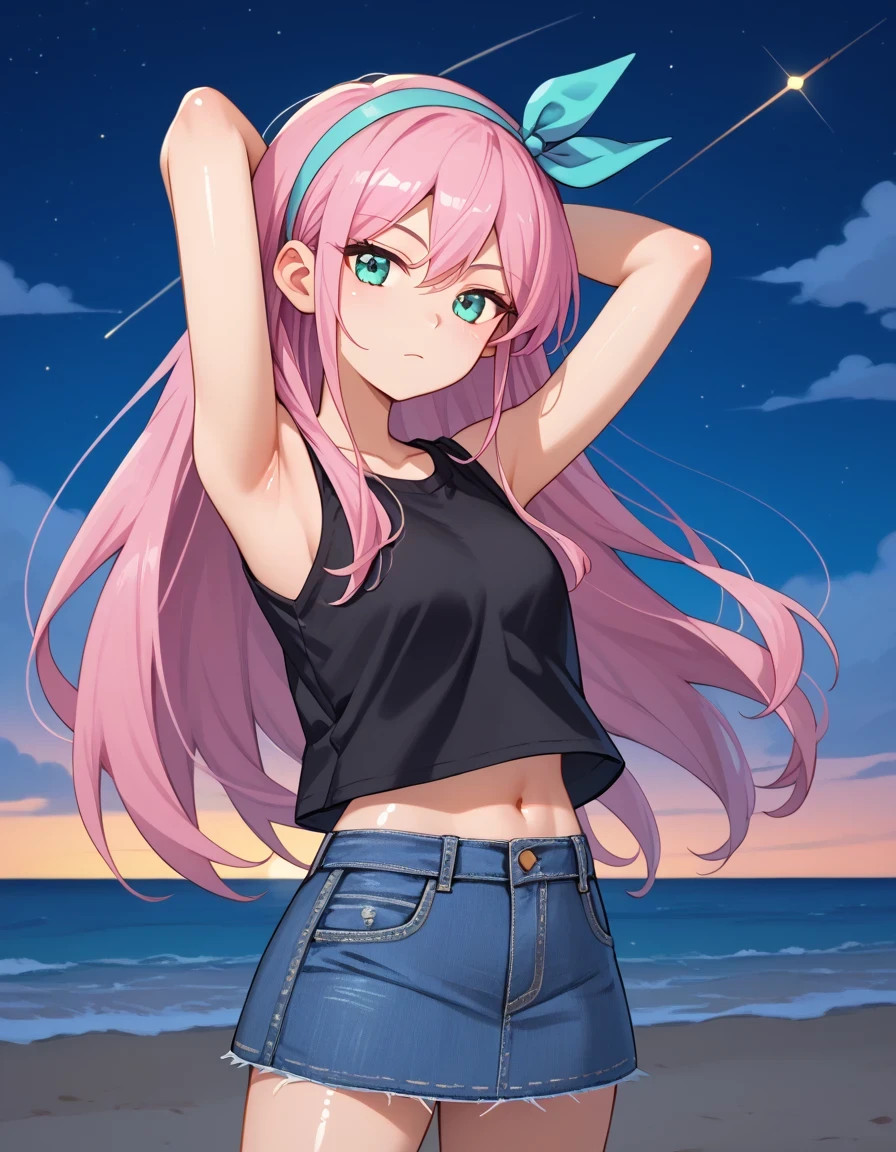 aubreyomori, aqua eyes, pink hair, hairband, long hair, black shirt, sleeveless, navel, midriff, denim skirt, shiny skin, high quality, solo, night sky, beach, hands behind head, ((contrapposto)), closed mouth, three-quarter portrait, looking at viewer, expressionless, best quality