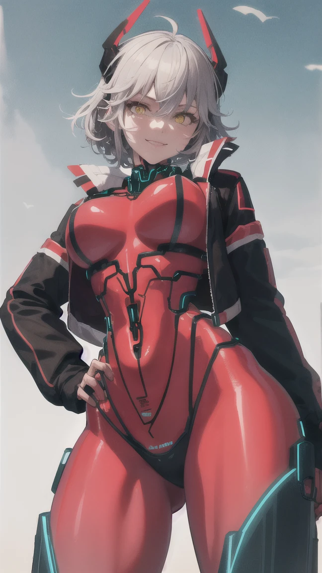 1girl, white hair, very short hair, red bodysuit, bodysuit, green eyes, futuristic, machinery, science-fiction, large breasts, toned, breasts, thick thighs, smile, thighhighs, black thighhighs, ((black thighhighs)), neon trim, neon, neon lights, ((red bodysuit))