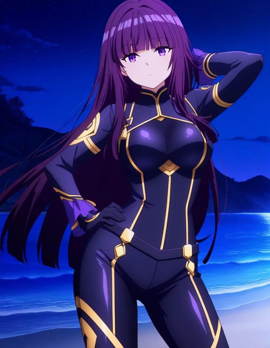 sdeta, purple hair, blunt bangs, long hair, purple eyes,
black bodysuit, gold trim, black gloves, anime screencap, shiny skin, high quality, solo, night sky, beach, hand behind head, hand on hip, ((contrapposto)), closed mouth, three-quarter portrait, looking at viewer, expressionless, best quality