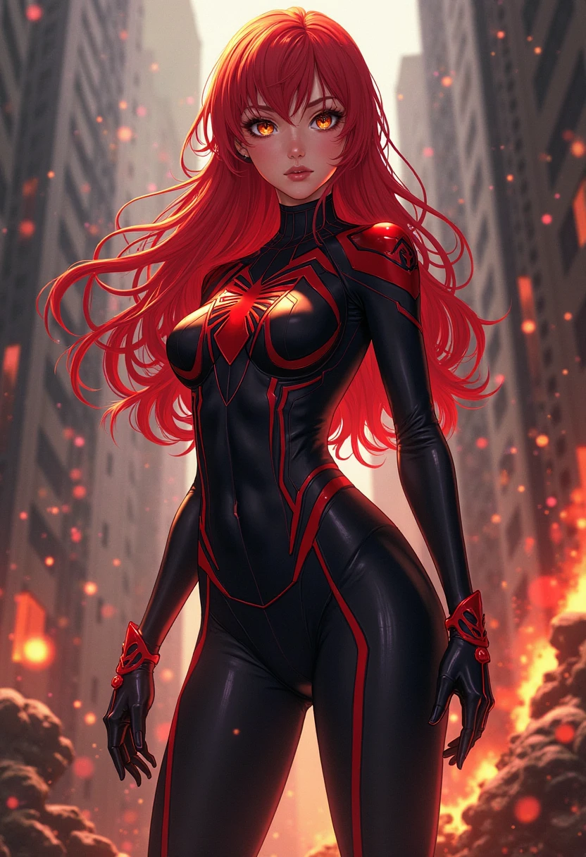 a woman in a black and white suit with red hair, ( ( spiderwoman ) ), spiderwoman!!!!!, by Ryan Stegman, textless, spiderwoman!!, spider woman, spider-gwen, spider - gwen, black widow, mary jane, spider gwen, inspired by Ryan Stegman, symbiote, inspired by Mary Jane Begin, inspired by Mike Deodato