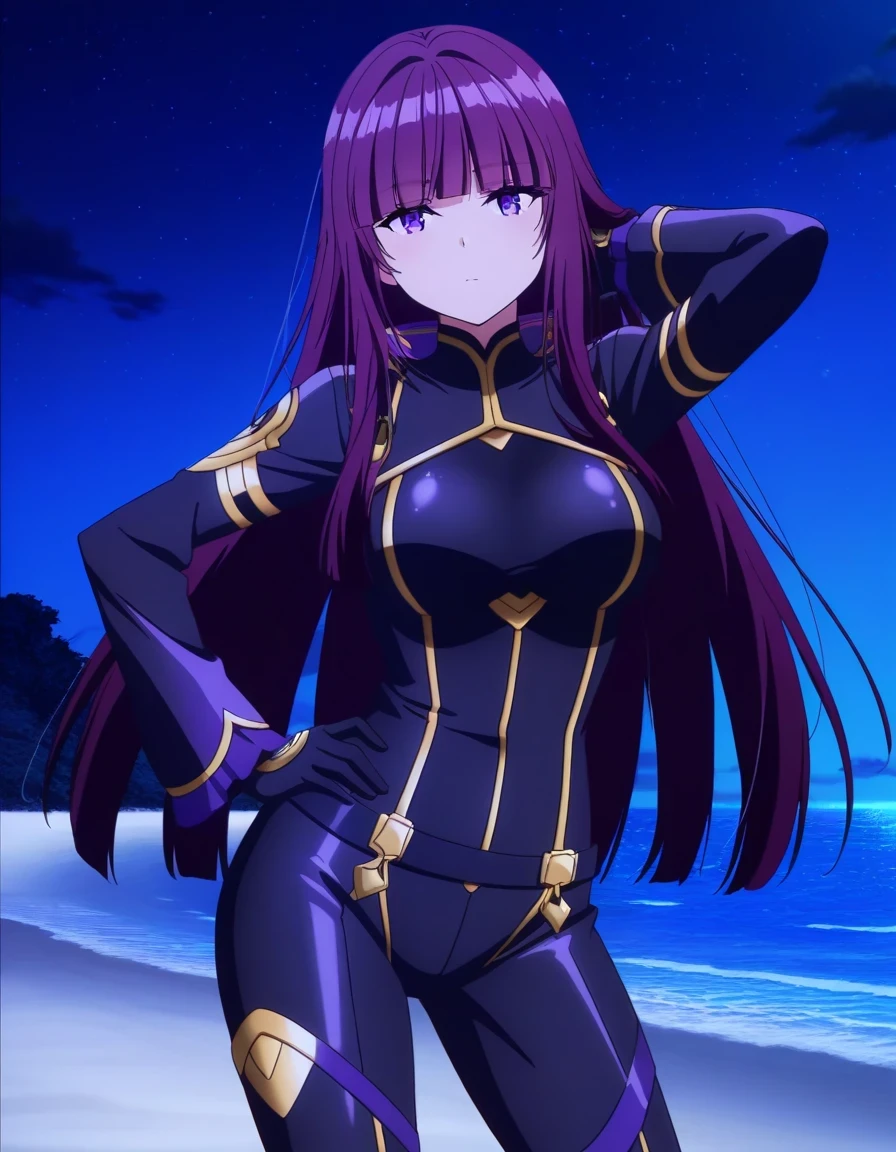 sdeta, purple hair, blunt bangs, long hair, purple eyes,
black bodysuit, gold trim, black gloves, anime screencap, shiny skin, high quality, solo, night sky, beach, hand behind head, hand on hip, ((contrapposto)), closed mouth, three-quarter portrait, looking at viewer, expressionless, best quality