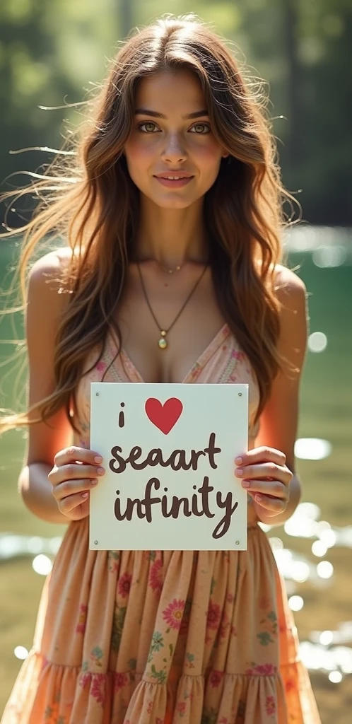 Beautiful girl with wavy long hair, bohemian dress, holding a white board with text "I Love Seaart Infinity" and showing it to the viewer while in the shower