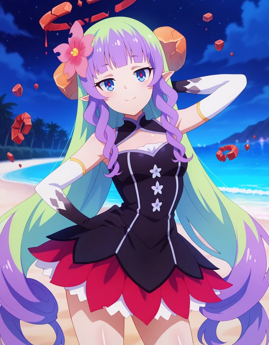 anime screencap, masterpiece, drill sidelocks, blunt bangs, multicolored hair, very long hair, blue eyes, red pupils, pointy ears, hair flower, hair ornament, broken halo, bare shoulders, black dress, cleavage cutout, elbow gloves, layered skirt, shiny skin, high quality, solo, three-quarter portait, (contrapposto), hand behind head, hand on hip, closed mouth, night sky, beach, looking at viewer, smile, best quality,