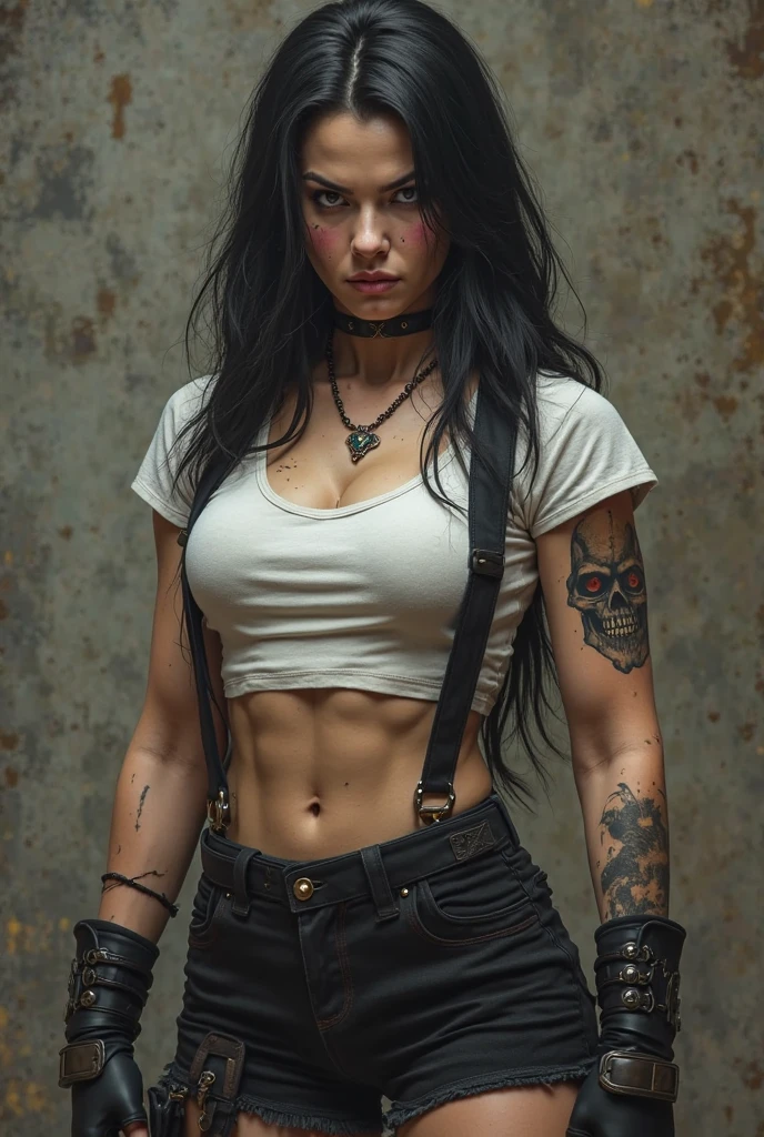 Young goth, wearing a black crop top with a skull design and jeans, in the background a worn gray wall, big boobies, muslos grandes,