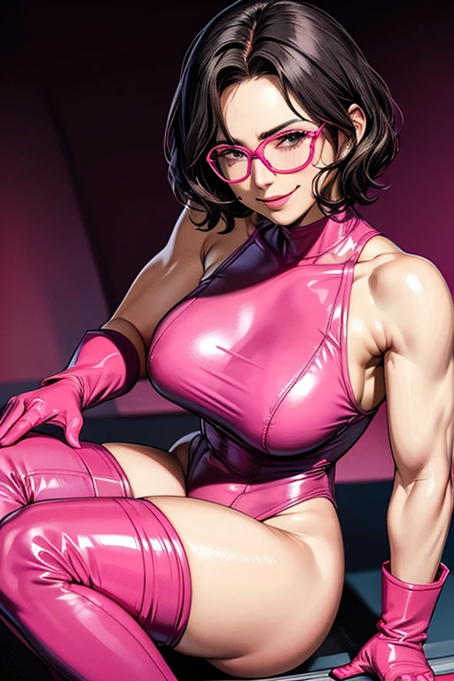A muscular mature woman wearing a pink leotard with her black hair tied up, black patent leather long gloves, black patent leather knee-high boots, and sunglasses covering her eyes.　Licking one&#39;s lips　Thin sunglasses
