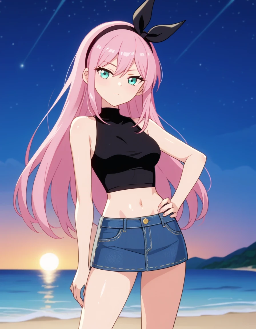 aubreyomori, aqua eyes, pink hair, hairband, long hair, black shirt, sleeveless, navel, midriff, denim skirt, shiny skin, game screencap, high quality, solo, night sky, beach, hand behind head, (hand on hip), ((contrapposto)), closed mouth, three-quarter portrait, looking at viewer, expressionless, best quality