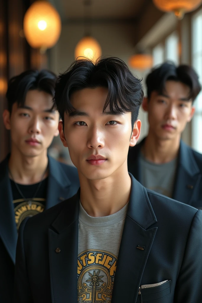 Realistic, full body shot, 4k, high detailed, high quality, Potrait of one korean gentleman(24 years old) in a doctor suit,muscle balance,tight nipples,(in the middle) and 4 man asian with sexy tight clothes , standing, perfectly proportioned, intimate, Lovers, close to each other, perfect anatomy, perfect background, perfect face, perfect body, detailed face, look at camera, Outdoor background