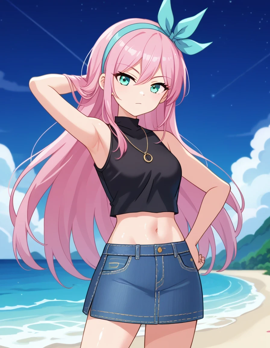 aubreyomori, aqua eyes, pink hair, hairband, long hair, black shirt, sleeveless, navel, midriff, denim skirt, shiny skin, game screencap, high quality, solo, night sky, beach, hand behind head, (hand on hip), ((contrapposto)), closed mouth, three-quarter portrait, looking at viewer, expressionless, best quality
