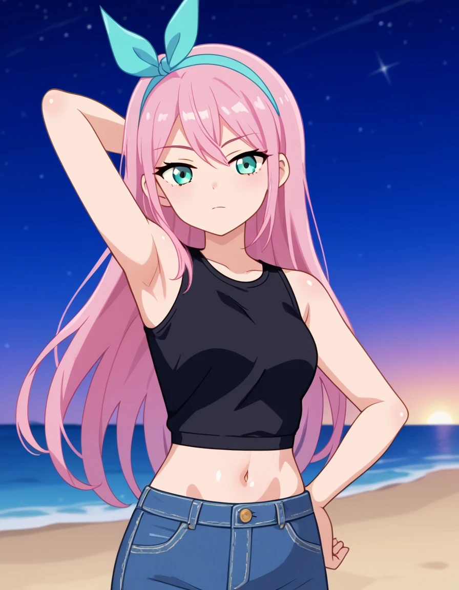 aubreyomori, aqua eyes, pink hair, hairband, long hair, black shirt, sleeveless, navel, midriff, denim skirt, shiny skin, game screencap, high quality, solo, night sky, beach, hand behind head, (hand on hip), ((contrapposto)), closed mouth, three-quarter portrait, looking at viewer, expressionless, best quality