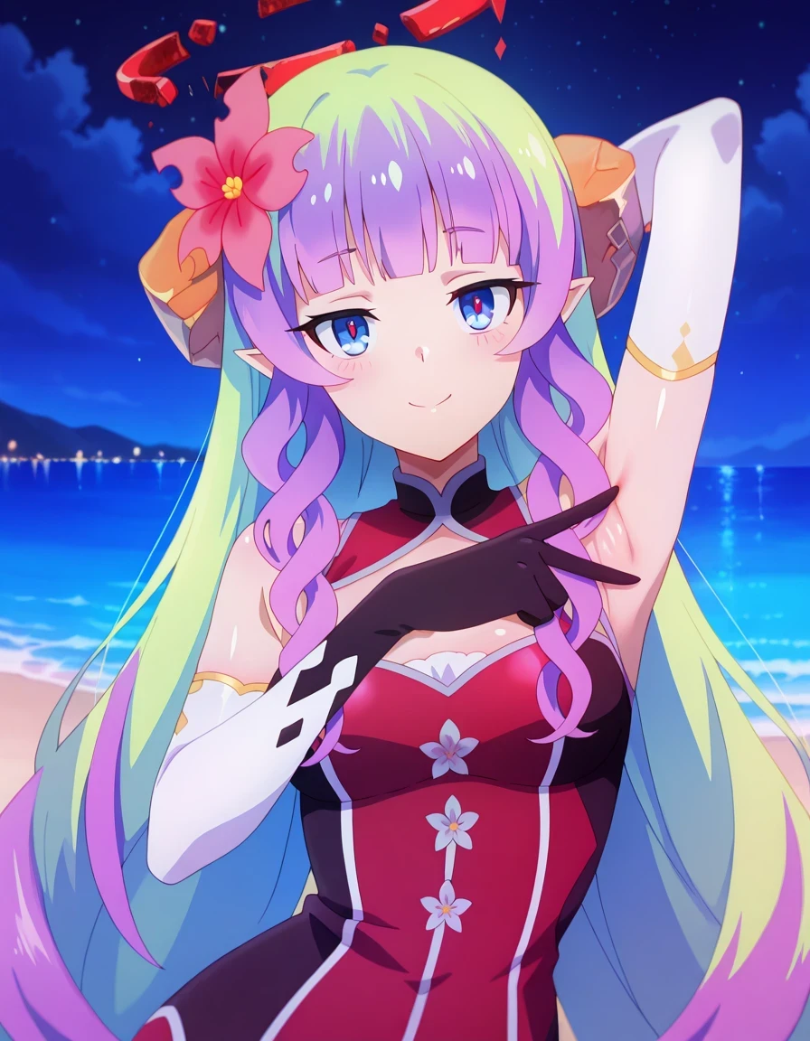 anime screencap, masterpiece, drill sidelocks, blunt bangs, multicolored hair, very long hair, blue eyes, red pupils, pointy ears, hair flower, hair ornament, broken halo, bare shoulders, cleavage cutout, elbow gloves, shiny skin, high quality, solo, upper body, (contrapposto), v, spread armpit, presenting armpit, hand behind head, closed mouth, night sky, beach, looking at viewer, smile, best quality 